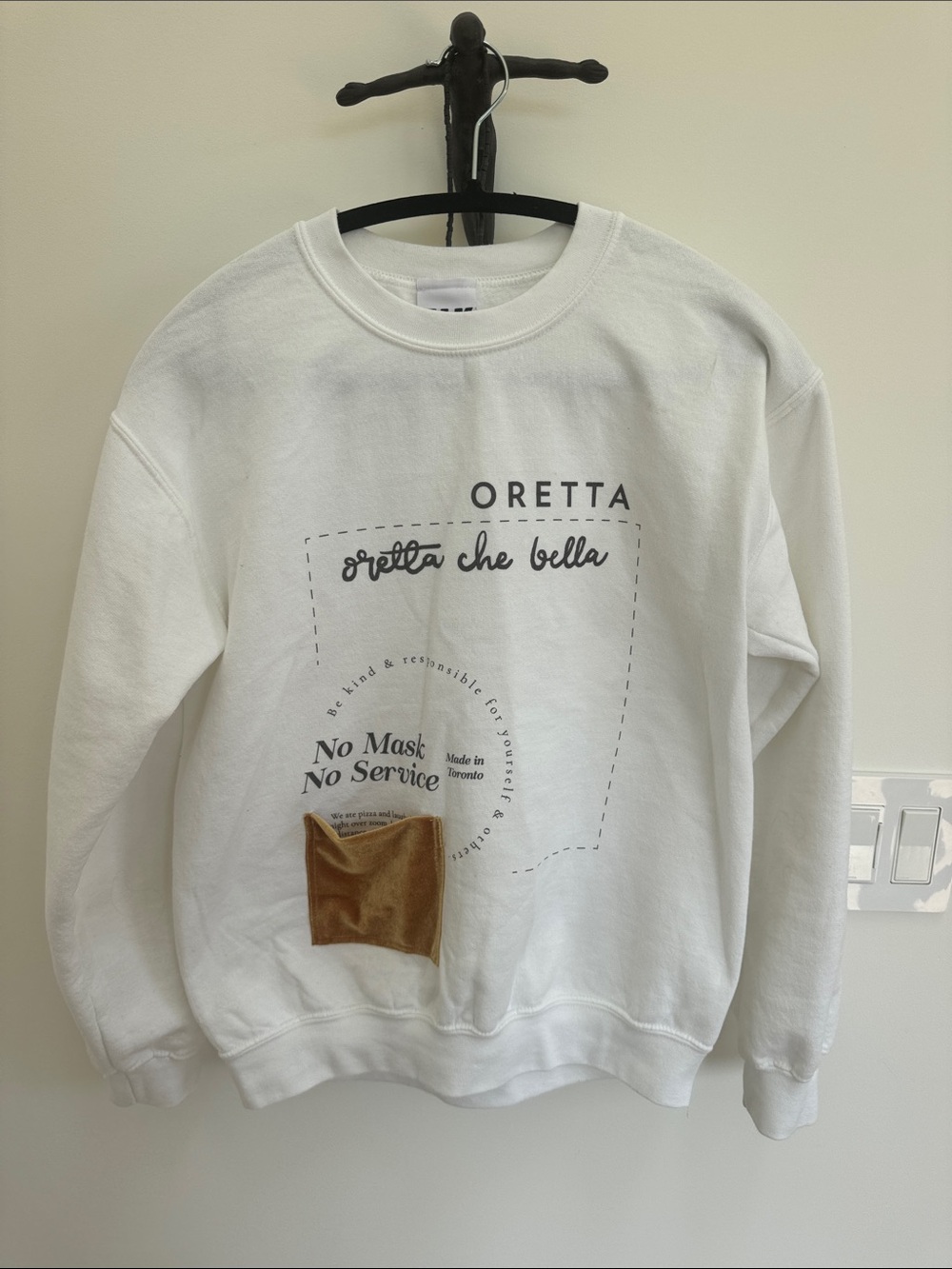 Covid-times White Crewneck Sweatshirt with ochre velvet Pocket Detail